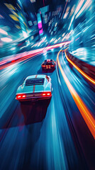 Retro Race: Motion Blur of Two 60s Cars Speeding Across Speedway in a Blue Haze