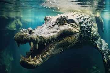 Gordijnen Closeup of saltwater American crocodile underwater. © darshika