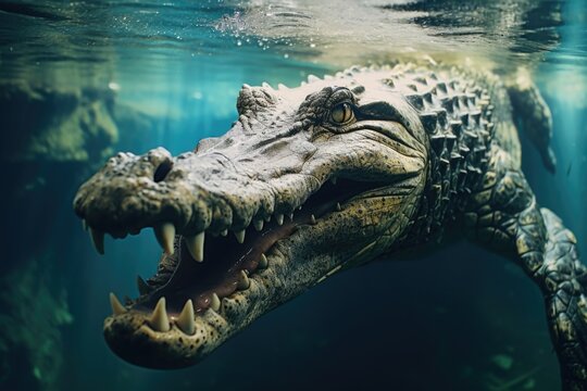 Closeup of saltwater American crocodile underwater.
