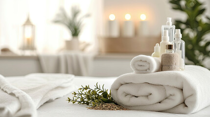 Towels with herbal bag and beauty treatment items in spa room