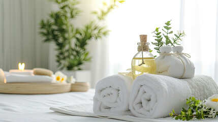 Towels with herbal bag and beauty treatment items in spa room - obrazy, fototapety, plakaty