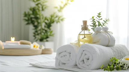 Foto op Plexiglas Towels with herbal bag and beauty treatment items in spa room © Cheetose