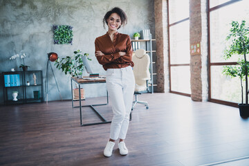 Full size portrait of pretty real estate agent lady crossed arms posing modern loft office...