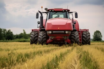 Red tractor in a wheat field