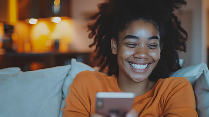 Smiling young beauty black curly woman at home relaxed texting using mobile phone, technology communication concept - obrazy, fototapety, plakaty