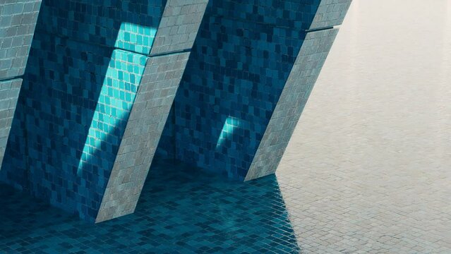 3D animation of blue Architectural background, minimal concrete wall,