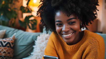Smiling young beauty black curly woman at home relaxed texting using mobile phone, technology communication concept - obrazy, fototapety, plakaty