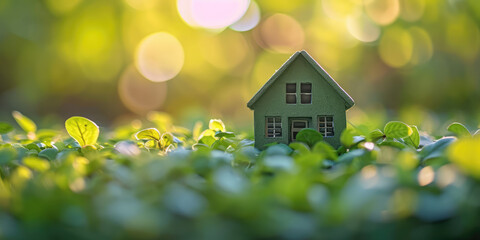 Fairy Tale Miniature House in green grass. Toy house nestled in a lush green garden. Banner with copy space for favorable mortgages.
