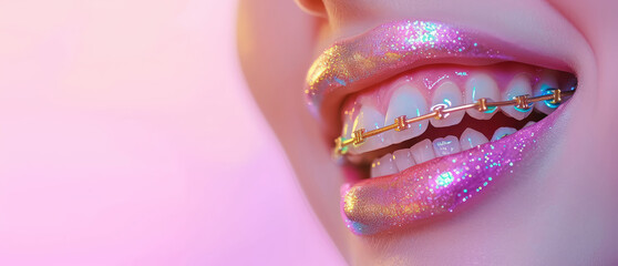 Glittering Rainbow Braces on Pearly Teeth, background with copy space. Close-up of sparkling multicolored orthodontic braces on white teeth, glossy pink lips, banner template. - obrazy, fototapety, plakaty