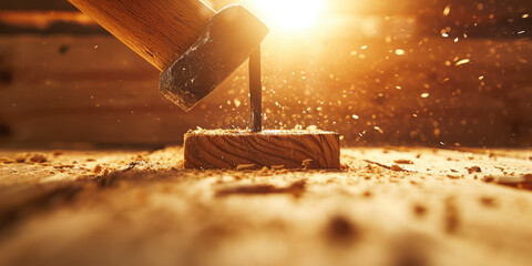 Classic Hammer Driving Nail into Weathered Wooden Beam. Close-up of an old hammer driving a square nail into a rustic wooden beam. - obrazy, fototapety, plakaty