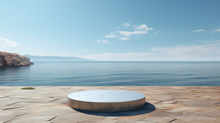 Empty round platform podium. creative composition background for advertise business items to display and implement.3D render with sea view with clear sky background.