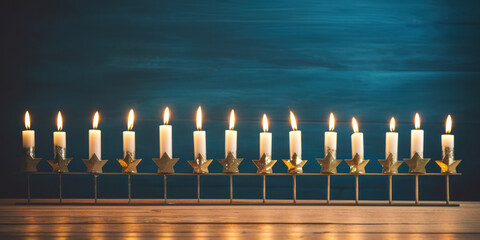 Glittering Flames of Hanukkah: Vintage Brass Menorah and Bright Candlelight, Symbolizing Tradition and Faith on a Blue Background