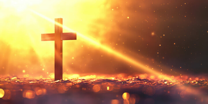 Heavenly Light Behind Christian Cross. Silhouette of a Christian cross against a vibrant golden sunset with heavenly rays of light, symbolizing hope and faith, copy space, banner.