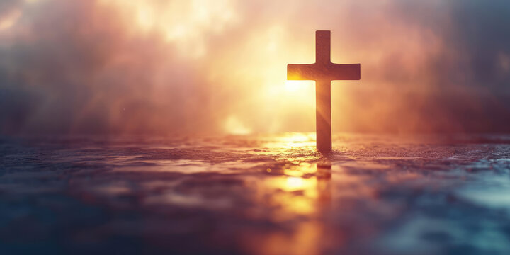 Heavenly Light Behind Christian Cross. Silhouette of a Christian cross against a vibrant sunset with heavenly rays of light, symbolizing hope and faith, copy space, banner.