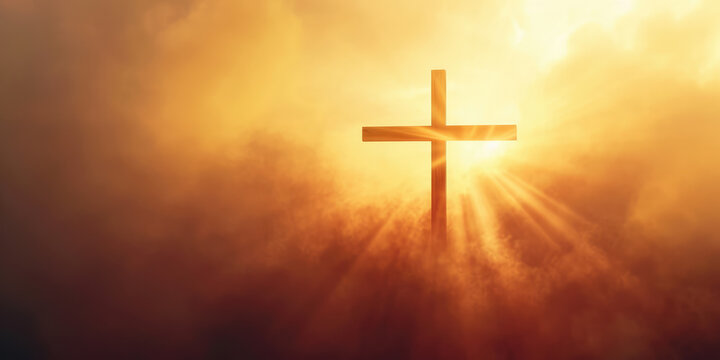 Heavenly Light Behind Christian Cross. Silhouette of a Christian cross against a vibrant golden sunset with heavenly rays of light, symbolizing hope and faith, copy space, banner.