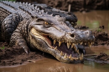 Obraz premium Nile Crocodiles devouring wildebeest in Masai Mara.