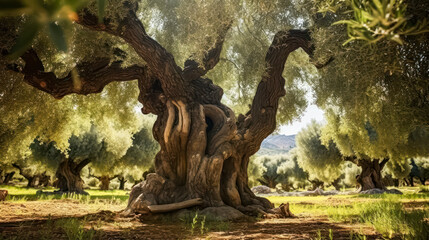 Fototapeta na wymiar Witness the abundance of olive oil trees laden with ripe olives, forming a landscape ready for harvest. Experience the journey from tree to extra virgin olive oil.
