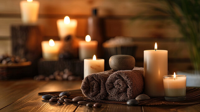Scented candles on the table in the spa room