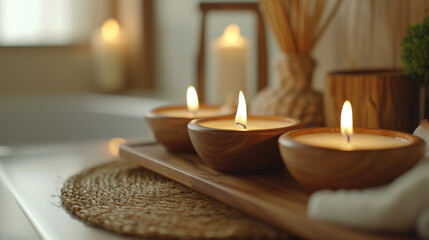 Scented candles on the table in the spa room