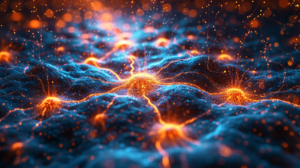 A mesmerizing microscopic view of vibrant, interconnected nerve cells in the brain, showcasing the intricate web of neural networks responsible for information processing and cogni