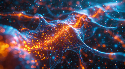 A mesmerizing microscopic view of vibrant, interconnected nerve cells in the brain, showcasing the intricate web of neural networks responsible for information processing and cogni
