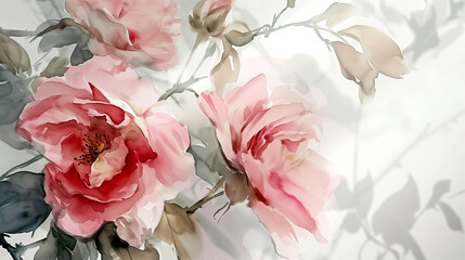 Bouquet of pink roses. watercolor painting. Romantic wedding flower arrangement of delicate pink roses.	