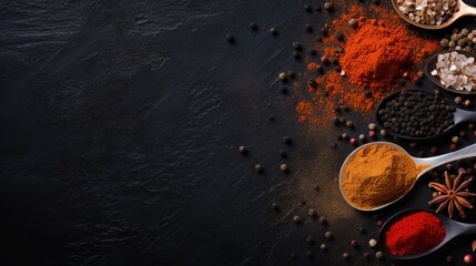 Turmeric powder in spoon on black stone surface, copy space banner for food and spice concepts - obrazy, fototapety, plakaty