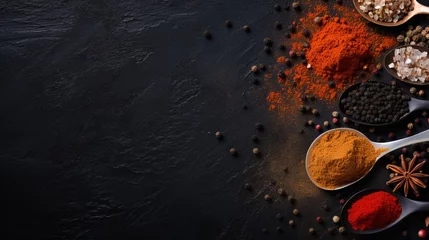 Poster Turmeric powder in spoon on black stone surface, copy space banner for food and spice concepts © Ilja