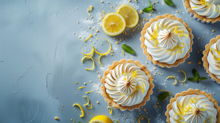 Tartlet with lemon cream and meringue on a soft pastel background. Banner with copy space, showcasing a delightful and citrusy dessert. - obrazy, fototapety, plakaty