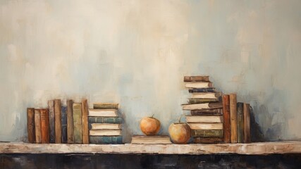 壁前の本棚の油絵_1