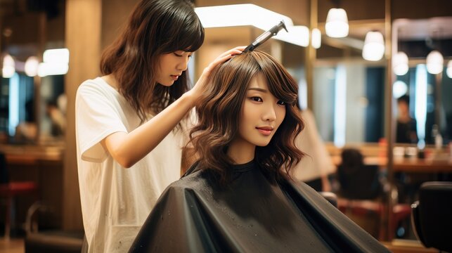 Hairdresser working on haircut and hairstyle for client at beauty salon, trendy hairs designs
