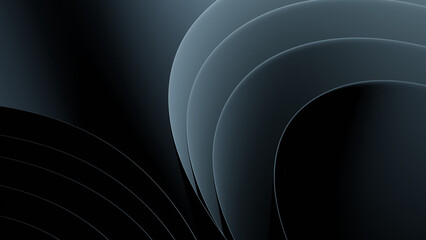 3D Rendering of abstract swirl wavy shape object. For luxurious stylized Black dark blue background or wallpaper	
