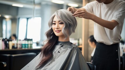 Hairdresser working on haircut and hairstyle for client at beauty salon, trendy hairs designs