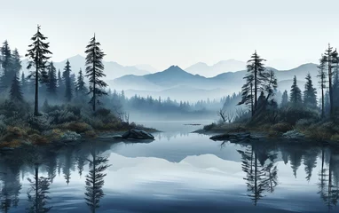 Papier Peint photo Forêt dans le brouillard Serene Reflections in Wilderness Landscape