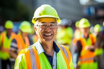 Smiling Construction Manager with Team in Background