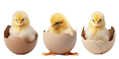 A chick hatches from an egg, different versions, isolated 