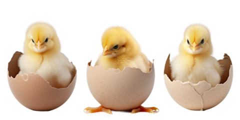 A chick hatches from an egg, different versions, isolated 