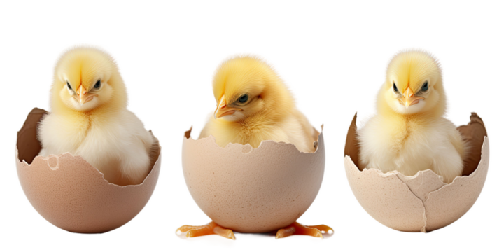 A chick hatches from an egg, different versions, isolated 