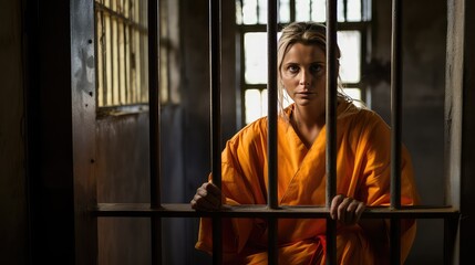 Young Caucasian woman in prison uniform sits behind bars in dark prison for criminal acts leaving free life. Fair punishment of perpetrator for prohibited events. Woman angry face and hatred of female