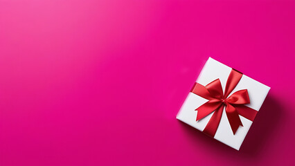 White color gift box with red ribbon on pink background, banner, valentine's day, copy space