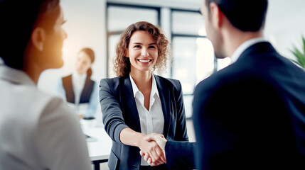 Business Woman Shaking Hands with A Man in the Office. Congratulations to Him on His Cooperation. Business Environment - obrazy, fototapety, plakaty