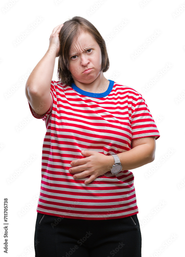 Poster young adult woman with down syndrome over isolated background suffering from headache desperate and 