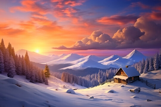 Cabin in winter snow, traditional, wimmelbilder, authentic details, photography

