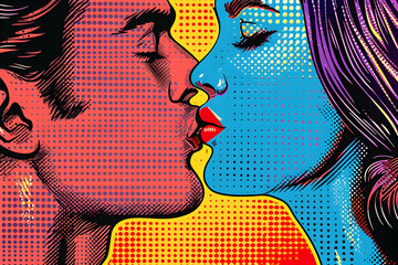 A colorful pop art style kiss between a man and a woman, depicting love and romance. Suitable for Valentine's Day events and retro-themed designs.