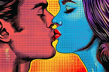 Poster A colorful pop art style kiss between a man and a woman, depicting love and romance. Suitable for Valentine's Day events and retro-themed designs. © NE97