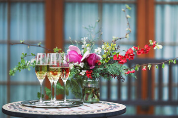 Champagne glasses on silver tray