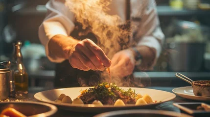 Keuken spatwand met foto Generative AI, chef is cooking with steaming hot pan, busy restaurant kitchen © DELstudio