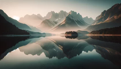 Fotobehang Here is the panoramic image of a mountain range reflected in a lake, with a morning haze accentuating the tranquil scene. © Ubix
