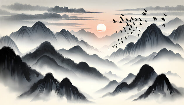 image styled as a traditional oriental ink painting featuring misty mountains with gentle slopes and a flock of birds across the sunrise sky.