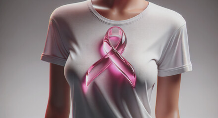 AI generated illustration of a white t-shirt features glass pink ribbon for breast cancer awareness